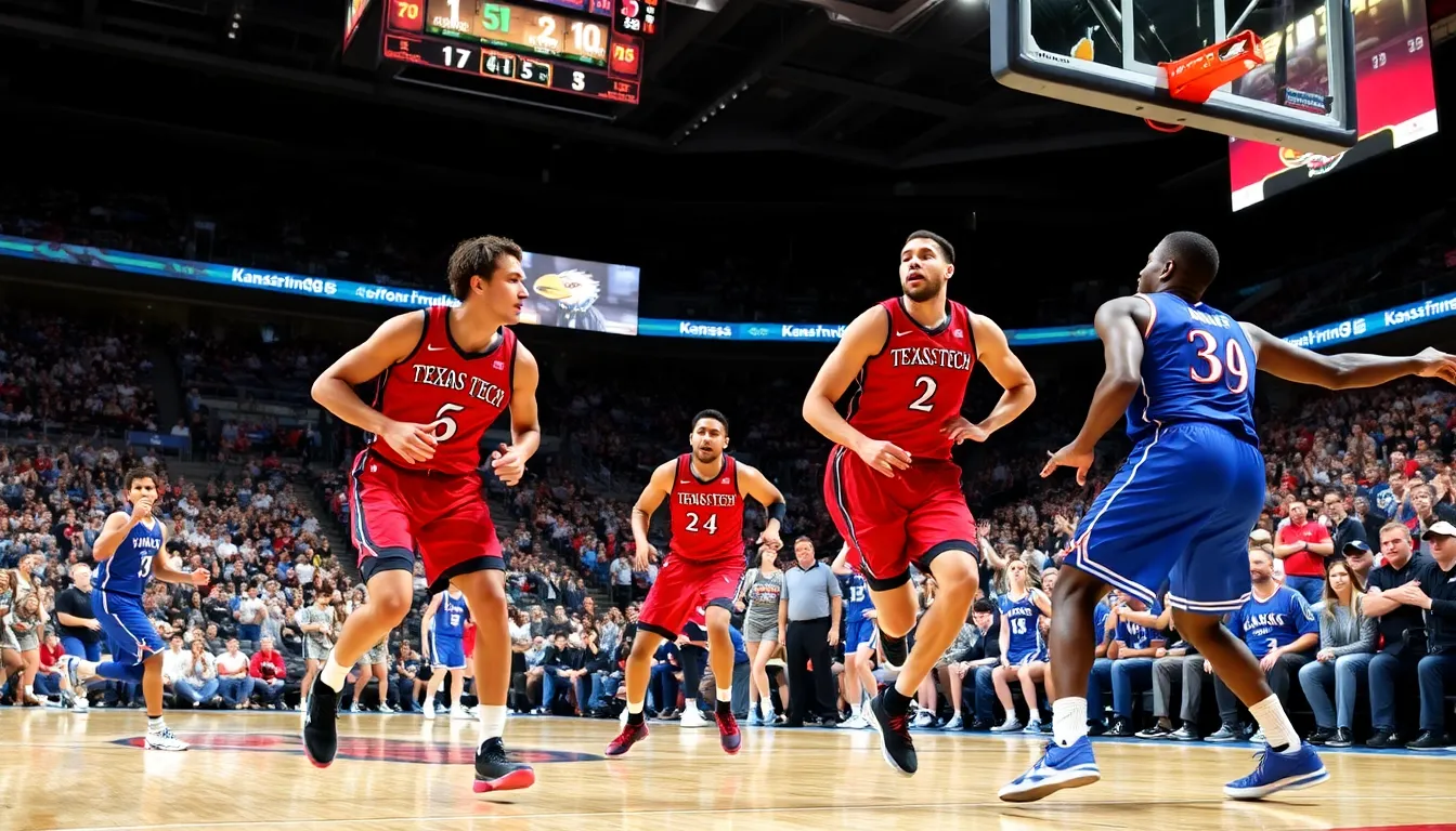 Texas Tech and Kansas players competing in an intense basketball game.