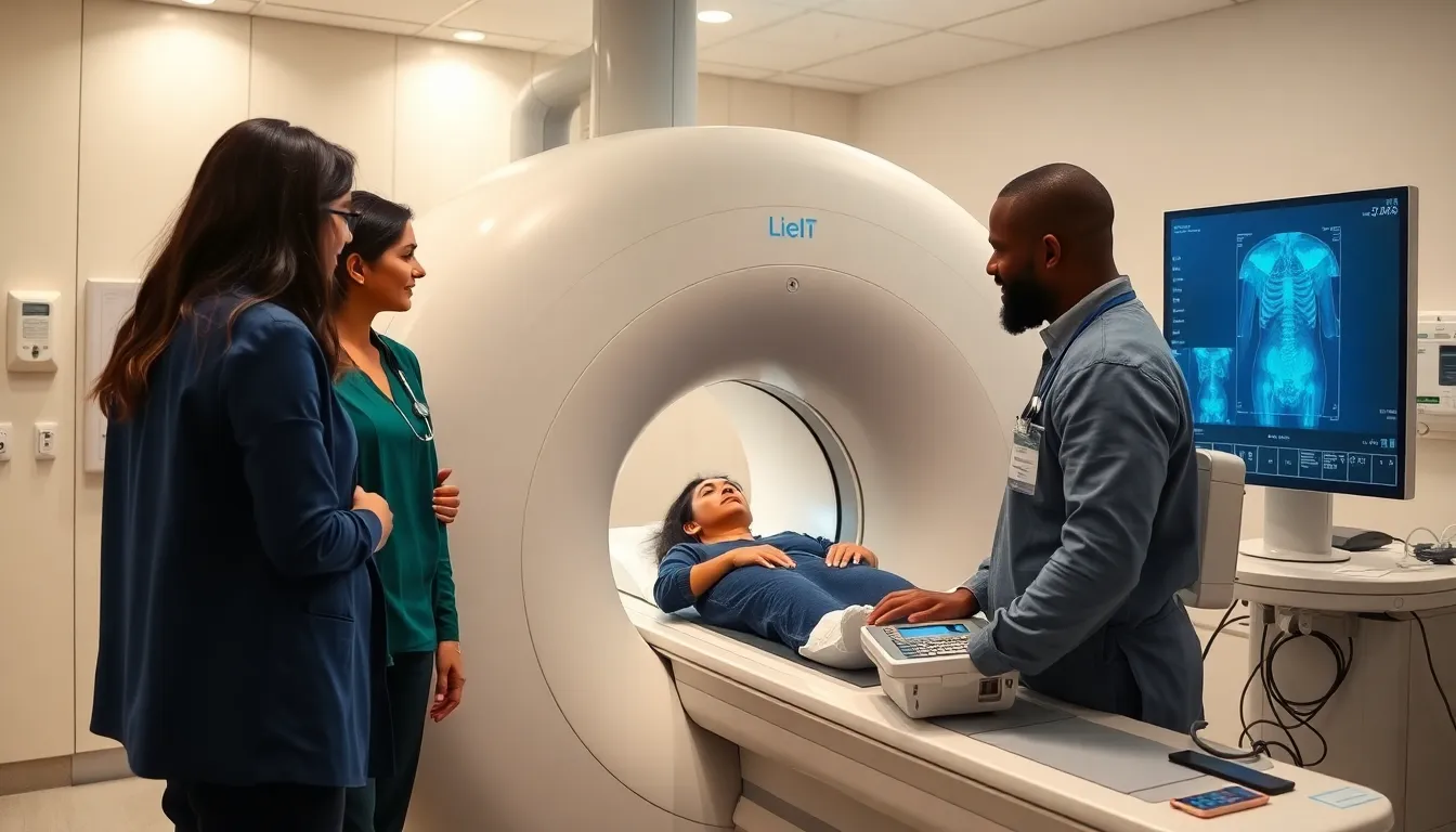 MRI technologists working in a modern imaging center.