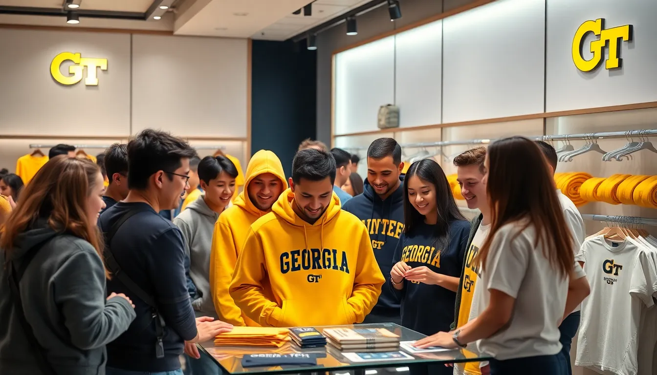 customers exploring Georgia Tech merchandise in a modern retail setting.