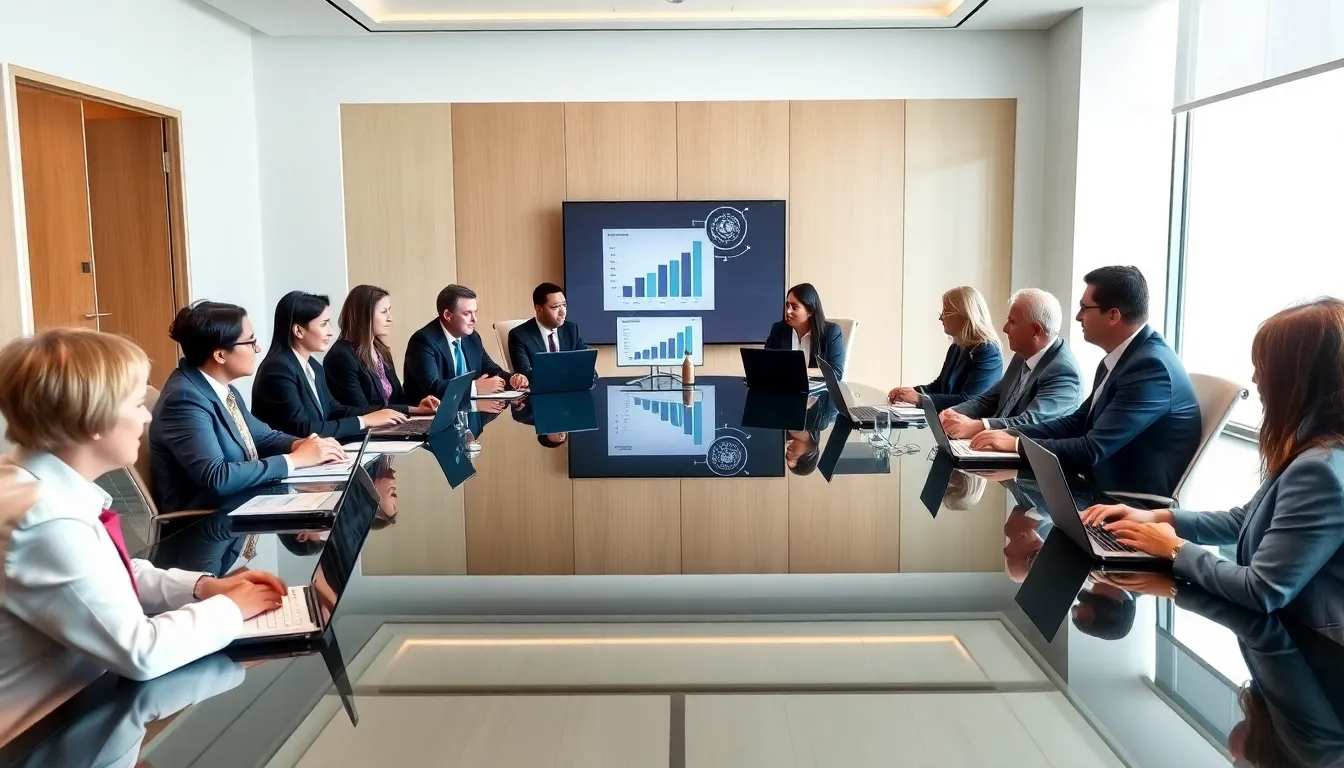 diverse professionals discussing space technology in a modern conference room.