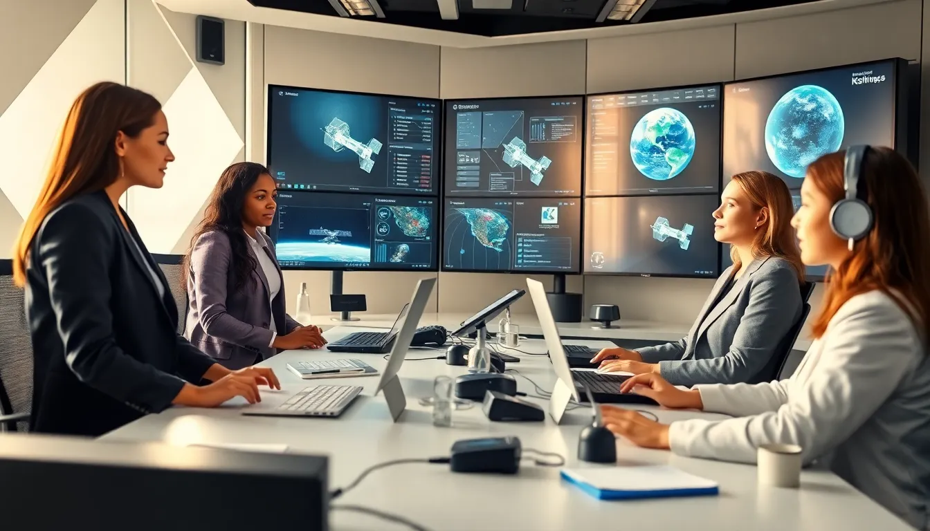 diverse team in a modern control room focused on space technology.