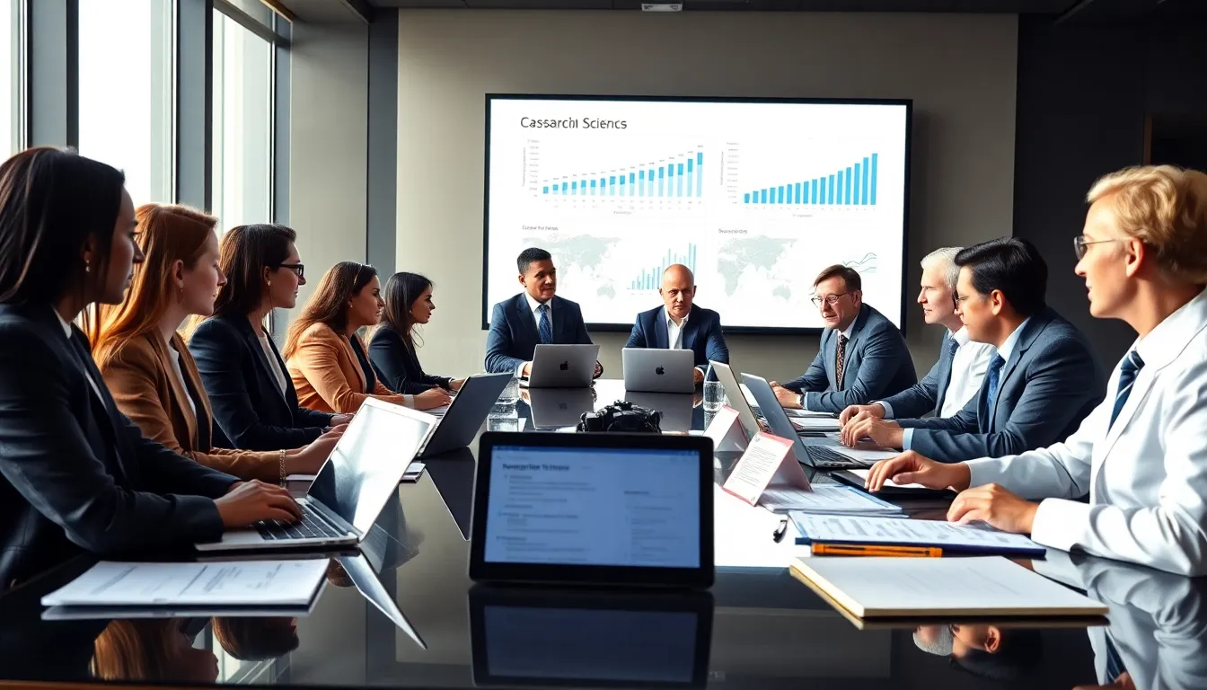 diverse professionals in a modern meeting discussing science and technology.